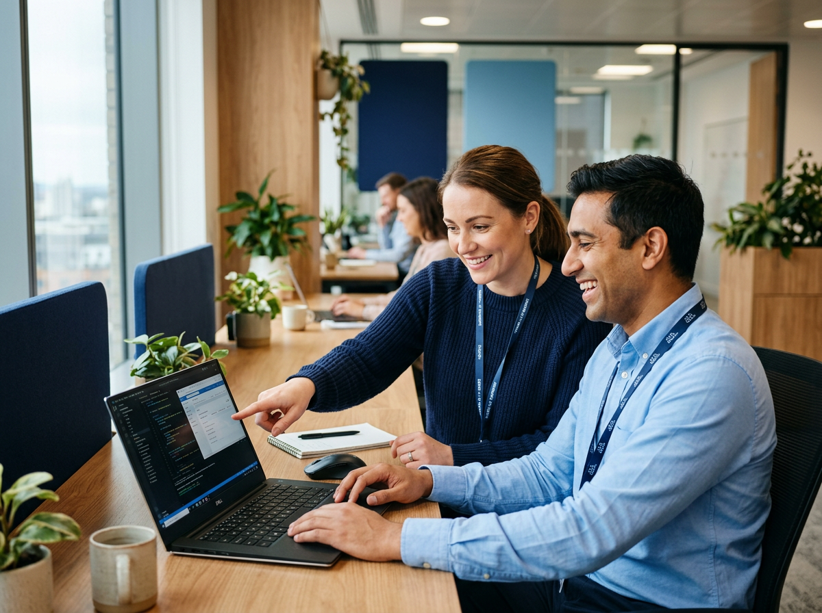 An Archibald Technologies specialist helping a colleague at their laptop